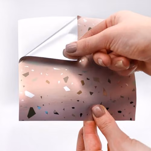 WALPLUS Rose Pink and Metallic Silver Terrazzo Peel and Stick Self Adhesive Wall Tile Stickers, 24 Pack, W/H: 15 x 15 cm – 2