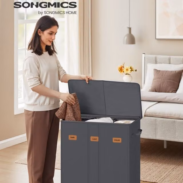 SONGMICS 3-Compartment Laundry Basket with Lid, 160 L Capacity, Grey