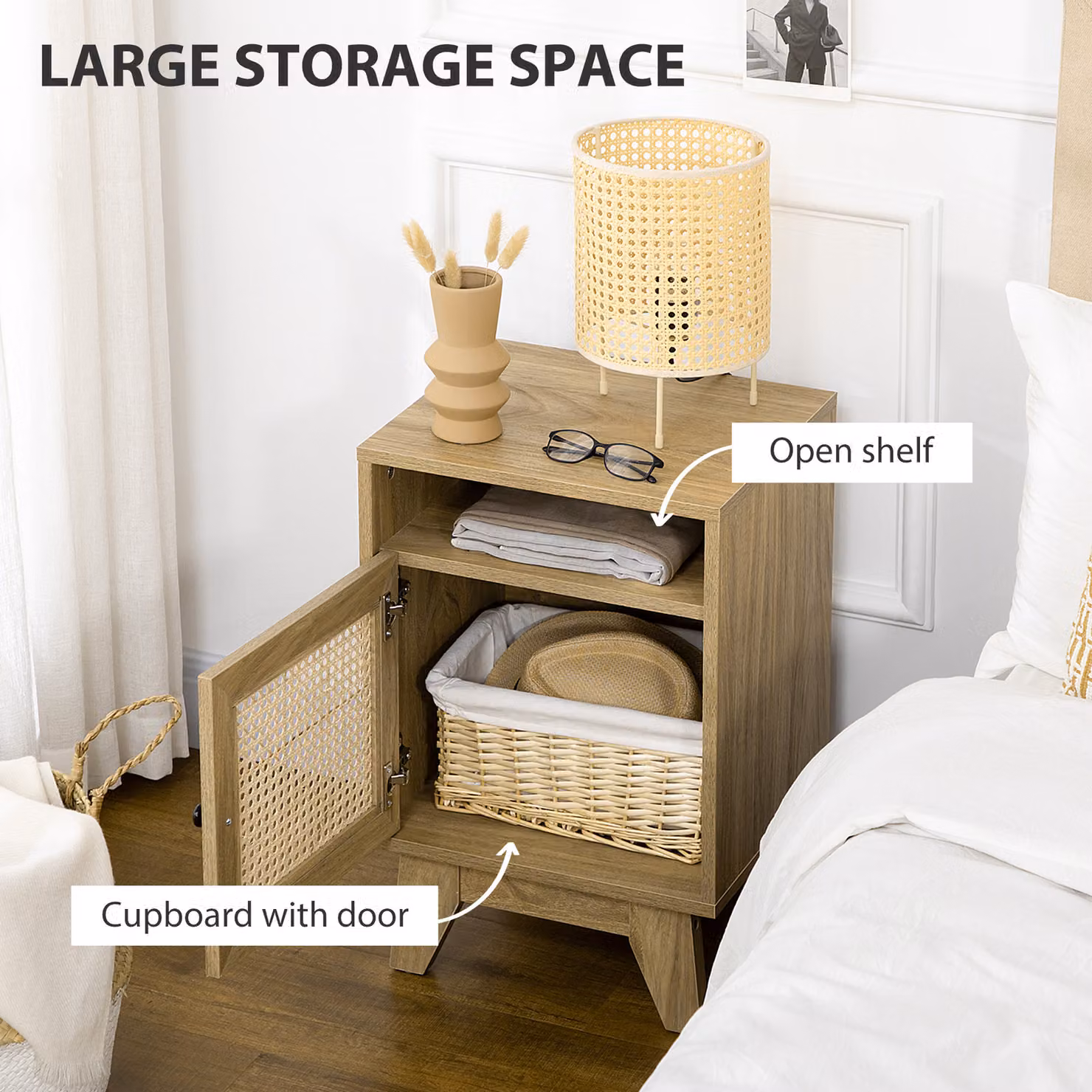 HOMCOM Boho Style Chest of Drawers with 4 Rattan Drawers and Door, Natural Matt Finish – 4