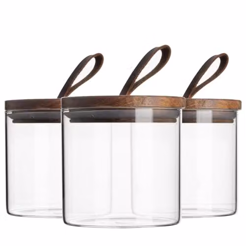 Argon Tableware Scandi Airtight Glass Storage Jars with Brown Leather Loop Lids, 550ml, 3 Pack – 1