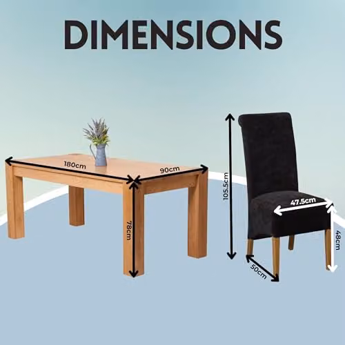 Oak Furniture King Kuba 6 Seater Solid Oak Dining Set with Black Fabric Upholstered Montana Chairs, Natural Finish, W: 180 cm, D: 90 cm – 3