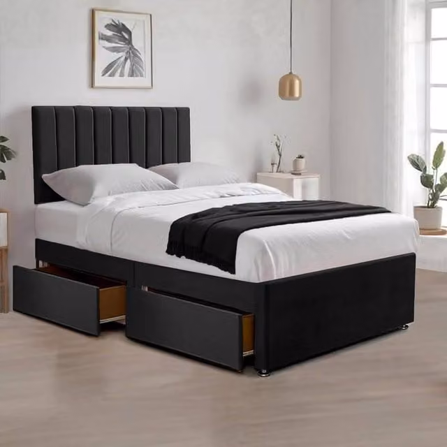 Bed Time UK Relaxing Plush Black Velvet Divan Bed with Mattress, 2 Drawers and 20 inch Headboard, W/D/H: 200 x 200 cm, Super King Size