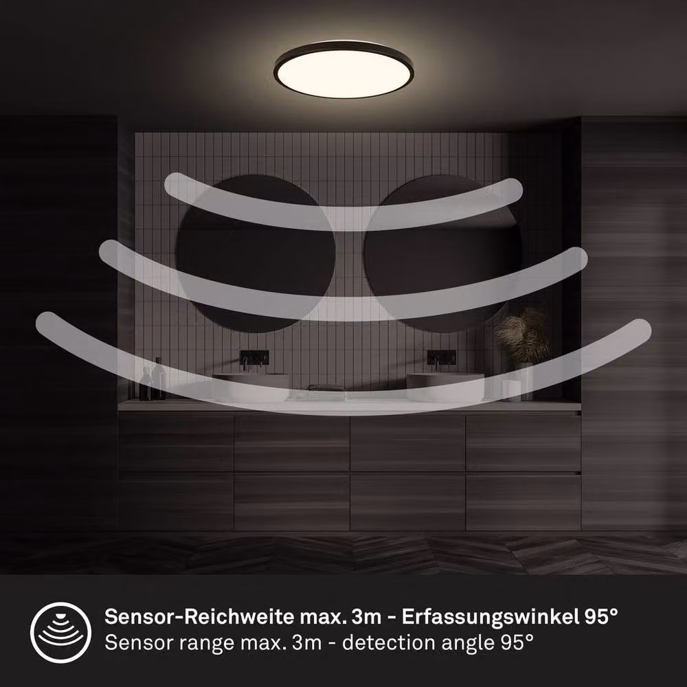 Briloner Black LED Ceiling Light with Motion Sensor and Warm White Light, IP54, W/D/H: 29 x 29 x 7.5 cm – 6