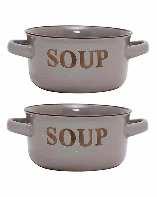Dibor Set of 2 Grey Ceramic Soup Bowls with Handles, H 7 cm x Dia 13.4 cm – 2