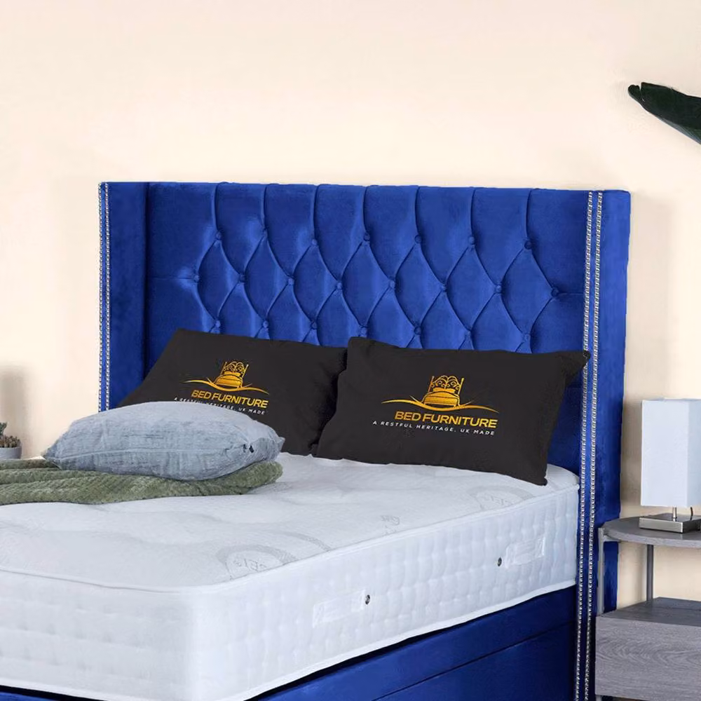 UK Bed Furniture Francesca End Lift Divan Ottoman Bed with 54 Inch Diamond Headboard in Blue Velvet, W/D/H: 90 x 190 cm – 2