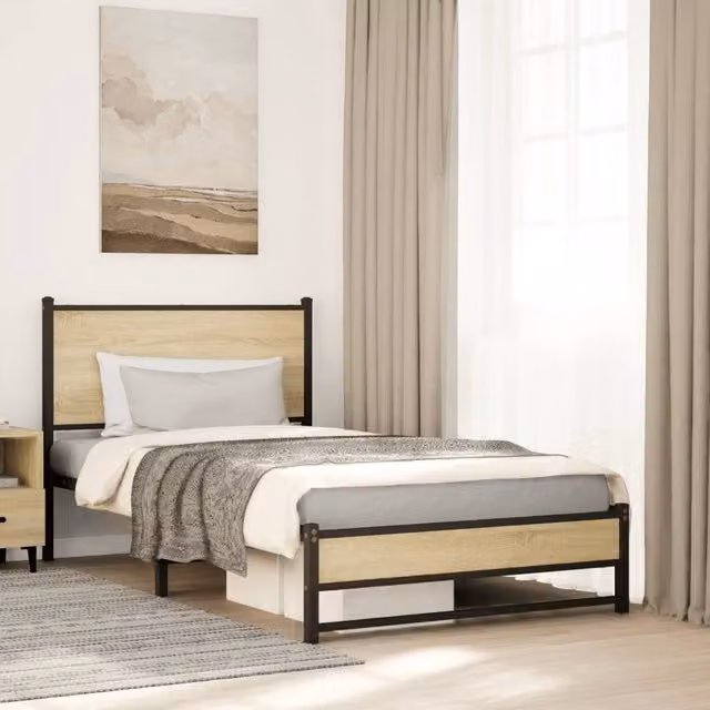 Berkfield Home Metal Bed Frame in Sonoma Oak Brown, W/D/H: 100 x 200 cm – 1