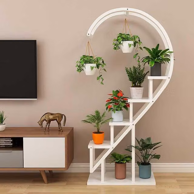 Livingandhome Crescent 4-Tier Modern Metal Plant Stand in White