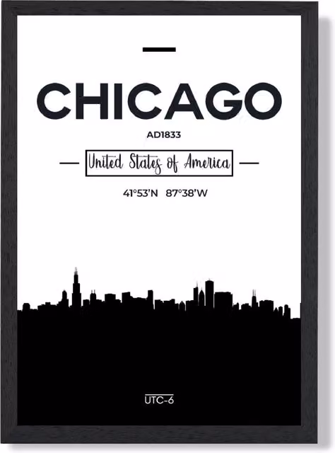 ARTZE Chicago City Skyline Framed Print in Black and White, A2 Size – 1