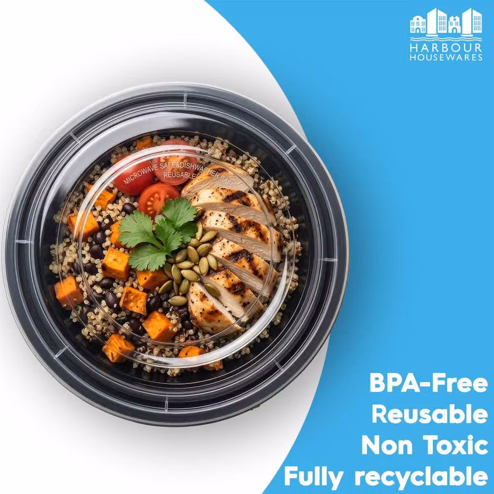 Harbour Housewares Reusable 3 Compartment Meal Prep Containers with Snap Lids, 975ml, Pack of 10, Black – 4