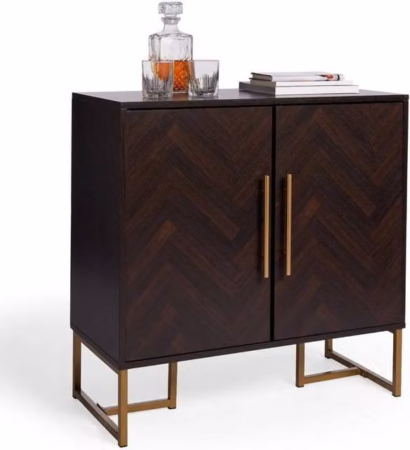 Havendro Walnut Brown Parquet Sideboard with 2 Doors and Gold Accents, W: 80 cm, H: 39 cm, D: 80 cm – 1