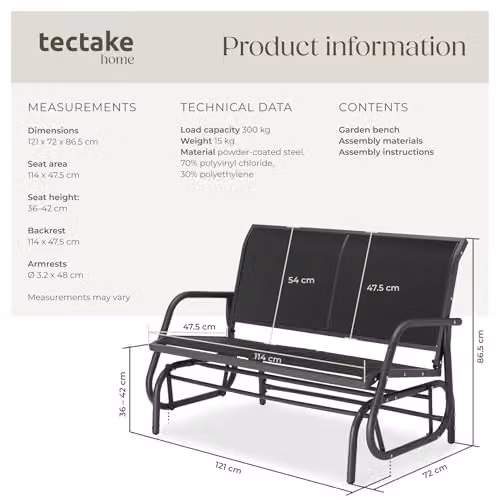 tectake Greta 2-Seater Garden Swing Bench in Black, Powder-Coated Steel and Textilene Fabric, W/D/H: 121 x 72 x 86.5 cm – 3