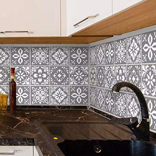WALPLUS 24 Pcs Grey Cement Wall Tile Stickers, Self-Adhesive Square Backsplash Decals, 15 x 15 cm