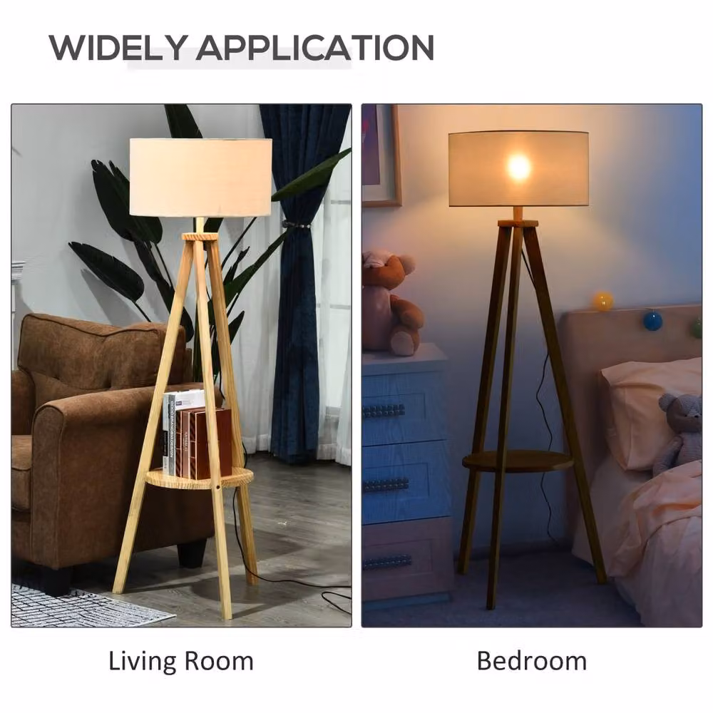 Wyld Haus Laravi Natural Wood Tripod Floor Lamp with Beige Fabric Shade and Shelf, Height: 154 cm – 5