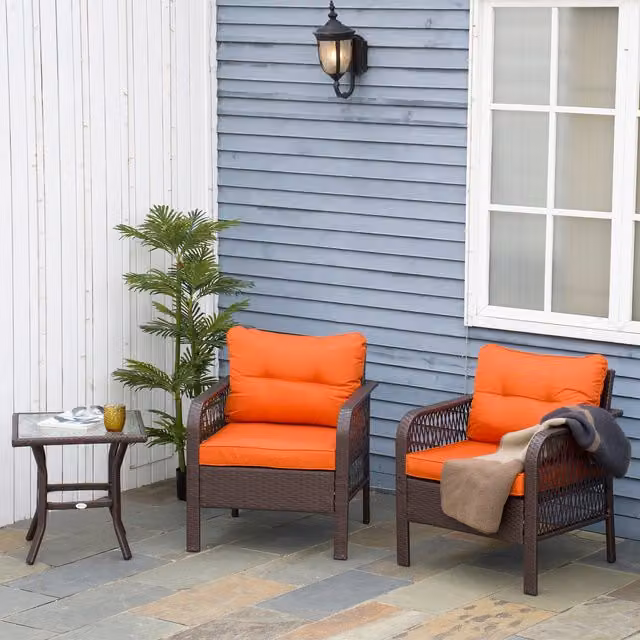 Outsunny 3 Piece PE Rattan Bistro Set with Glass Top in Orange