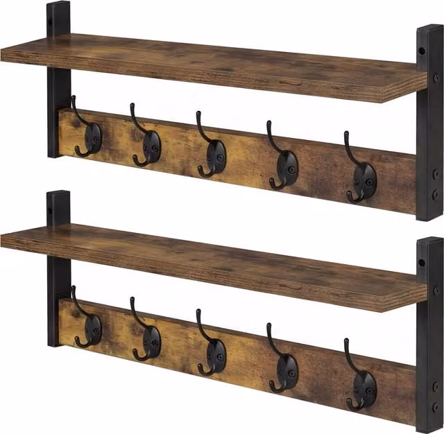 Levede 2 Pack Brown Wooden Wall Mounted Coat Rack with Storage Shelf and Metal Hooks