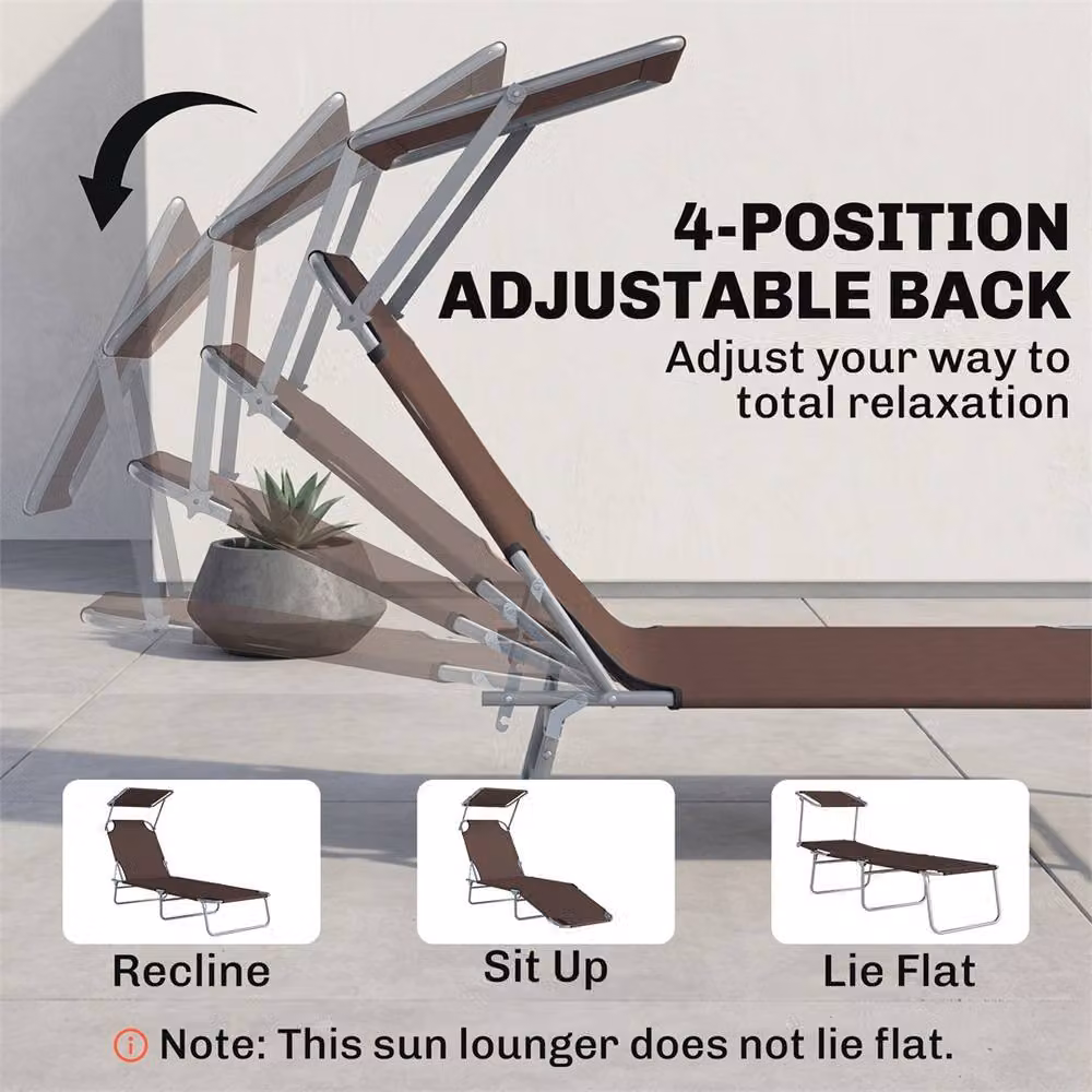 EONLION Brown Reclining Sun Lounger Chair with Adjustable Headrest and Sun Canopy – 4