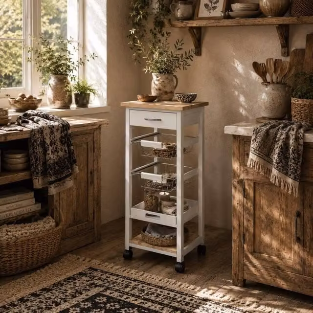 Wyld Haus Dini Wooden Mobile Kitchen Trolley in White and Natural Pine with Baskets, W/D/H: 82 x 37 x 37 cm – 1