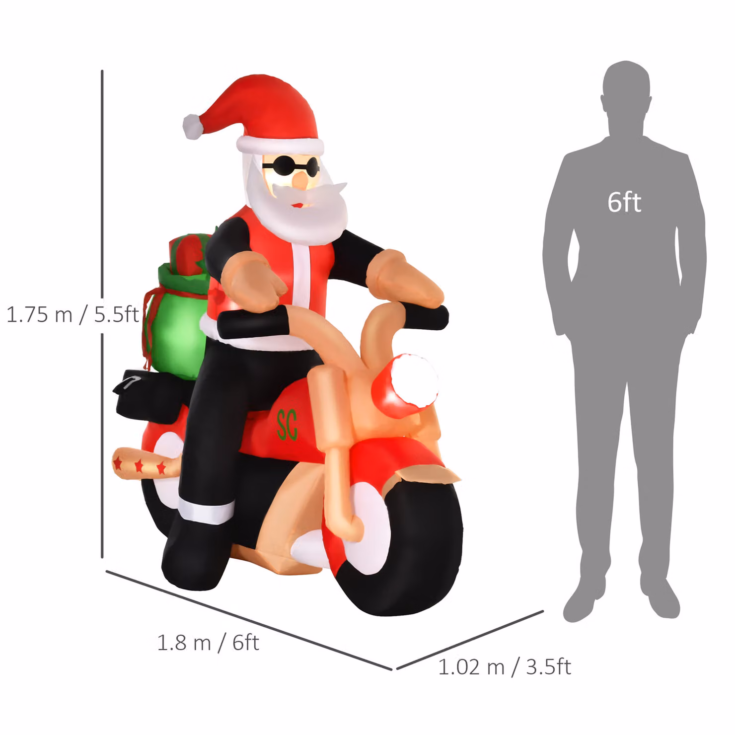 HOMCOM Inflatable Santa Claus Riding a Motorcycle Christmas Garden Decoration, 1.68 m – 3