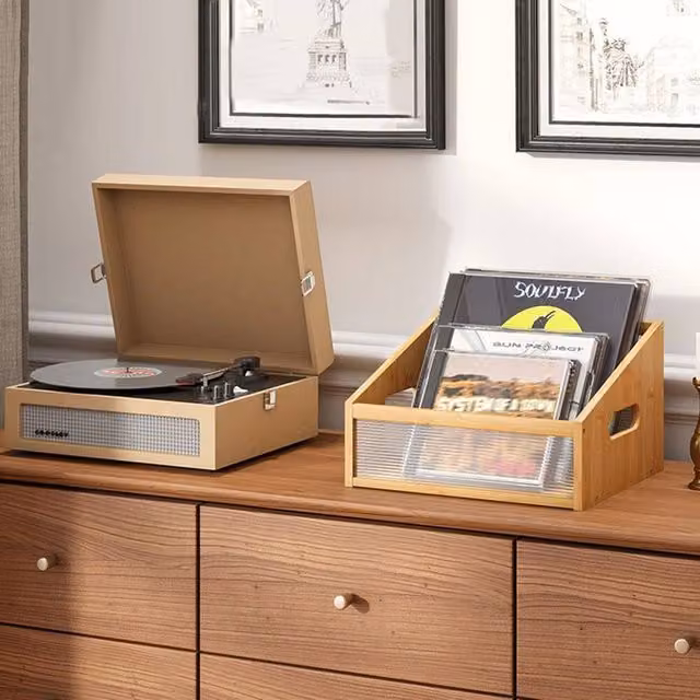 SPETLEK Record Album Storage Crate in Natural Brown Wood and Bamboo, W/D/H: 30.0 x 28.0 x 30.0 cm