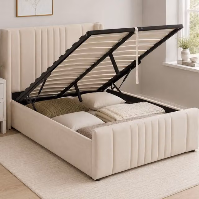 Groundlevel Langford Velvet Upholstered Ottoman Storage Bed in Beige, W/D/H: 180 x 200 cm
