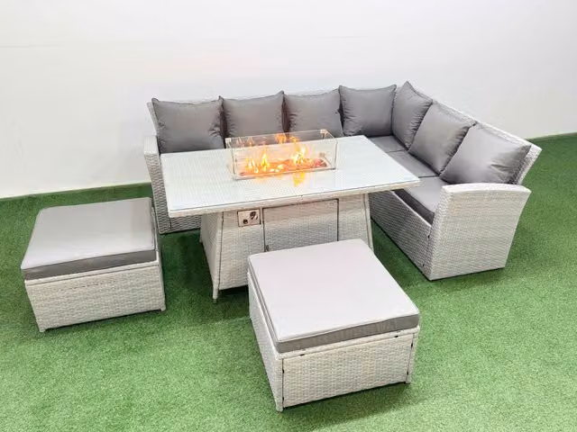 Fimous 8 Seat Rattan Garden Furniture Corner Sofa Set with Gas Firepit Table in Light Grey
