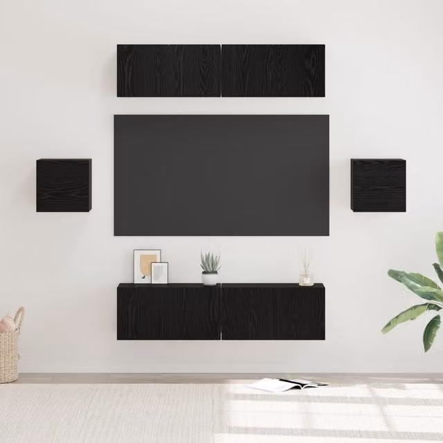 Berkfield Home 6-Piece Modern Wall-Mounted TV Cabinet Set in Black Oak, W/D/H: 60 x 30 x 30 cm