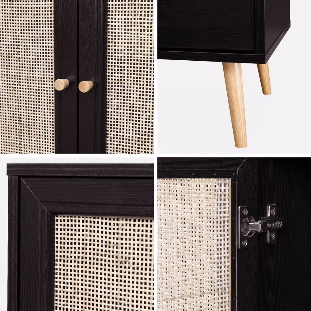 Sweek Black Sideboard Cabinet with Rattan and Glass Details, Width: 120 cm – 3