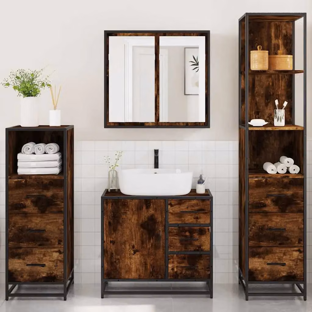 Berkfield Home 4-Piece Industrial Bathroom Furniture Set in Smoked Oak and Brown – 3