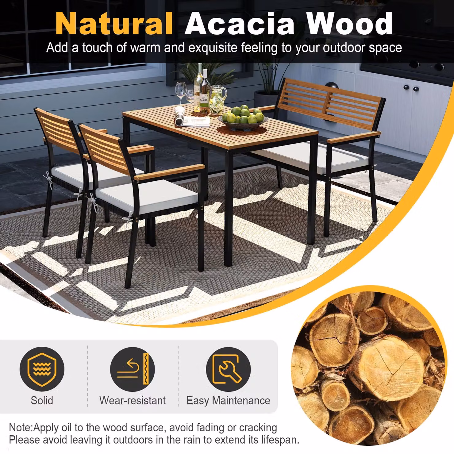 Gymax 4-Piece Modern Outdoor Patio Dining Set with White Metal and Oiled Acacia Wood – 7