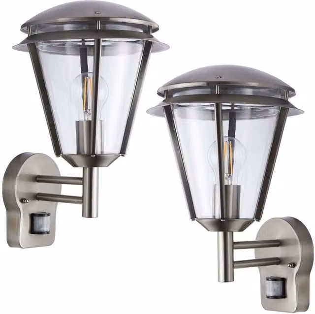 Loops 2 Pack Modern Outdoor Wall Lamp in Brushed Silver with PIR Motion Sensor and IP44 Rating