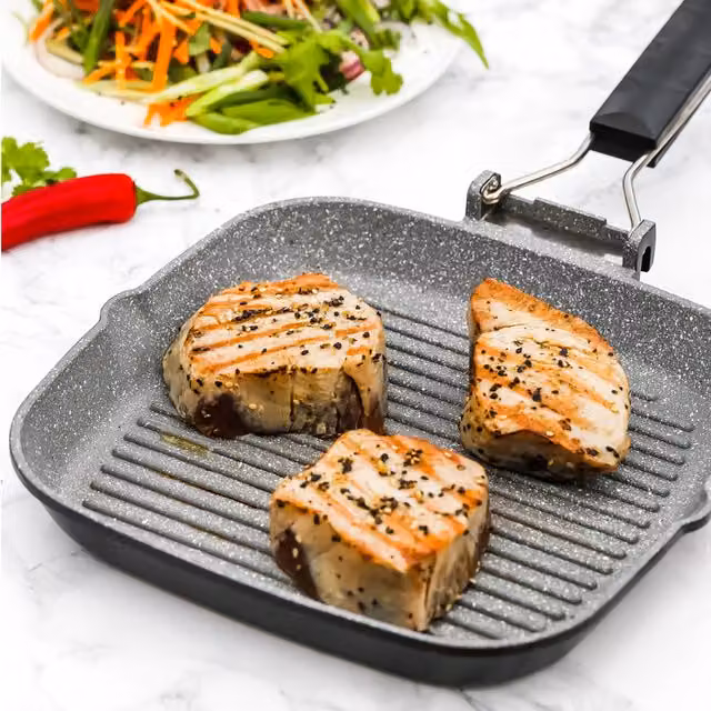 MasterClass Non-Stick Cast Aluminium 24cm Grill Pan with Removable Handle, Grey – 1
