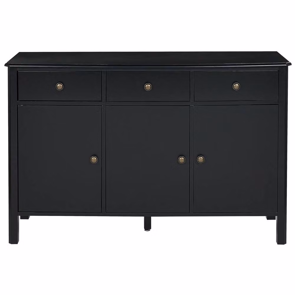 Wyld and Coco 3-Door Retro Sideboard in Black MDF with Pine Legs and Gold Knobs – 3