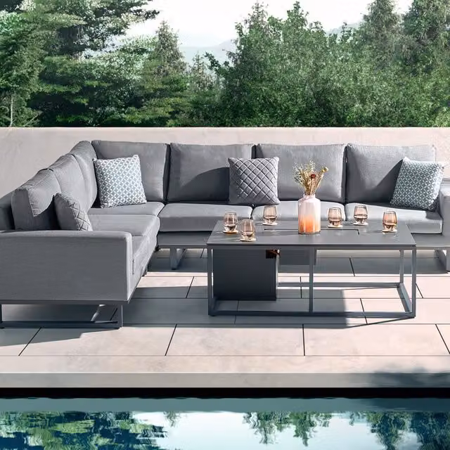 Desser Aruba Outdoor Fabric Large Corner Sofa with Fire Pit Coffee Table in Grey