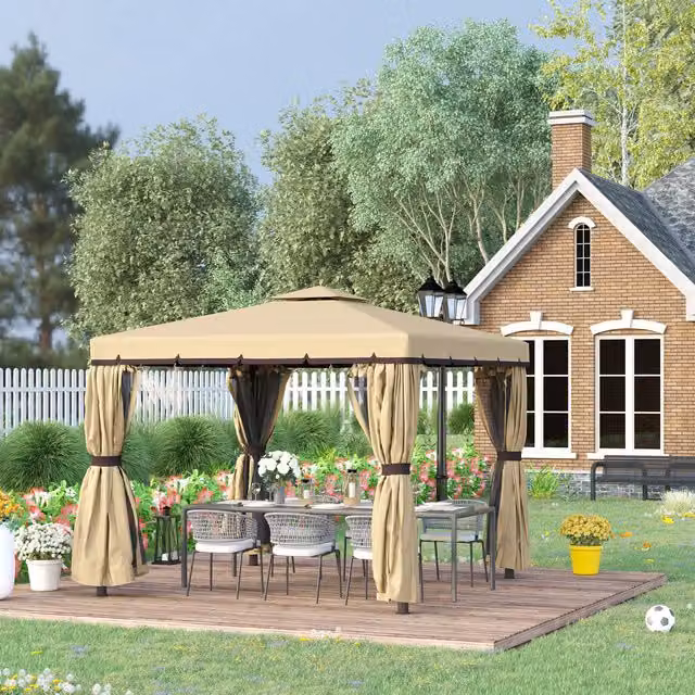 Outsunny Beige Patio Gazebo Garden Pavilion Tent W: 300 cm, D: 300 cm, H: 265 cm – 1