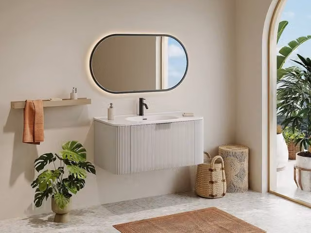 Vente-unique Wall-Mounted Ribbed Bathroom Vanity Unit with Inset Basin in Matt White