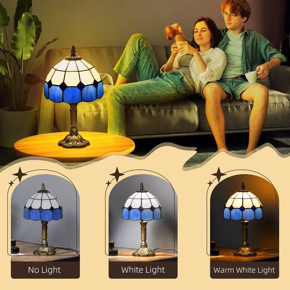 Kelvenix Handmade Stained Glass Table Lamp in Blue and White with Bronze Base – 4