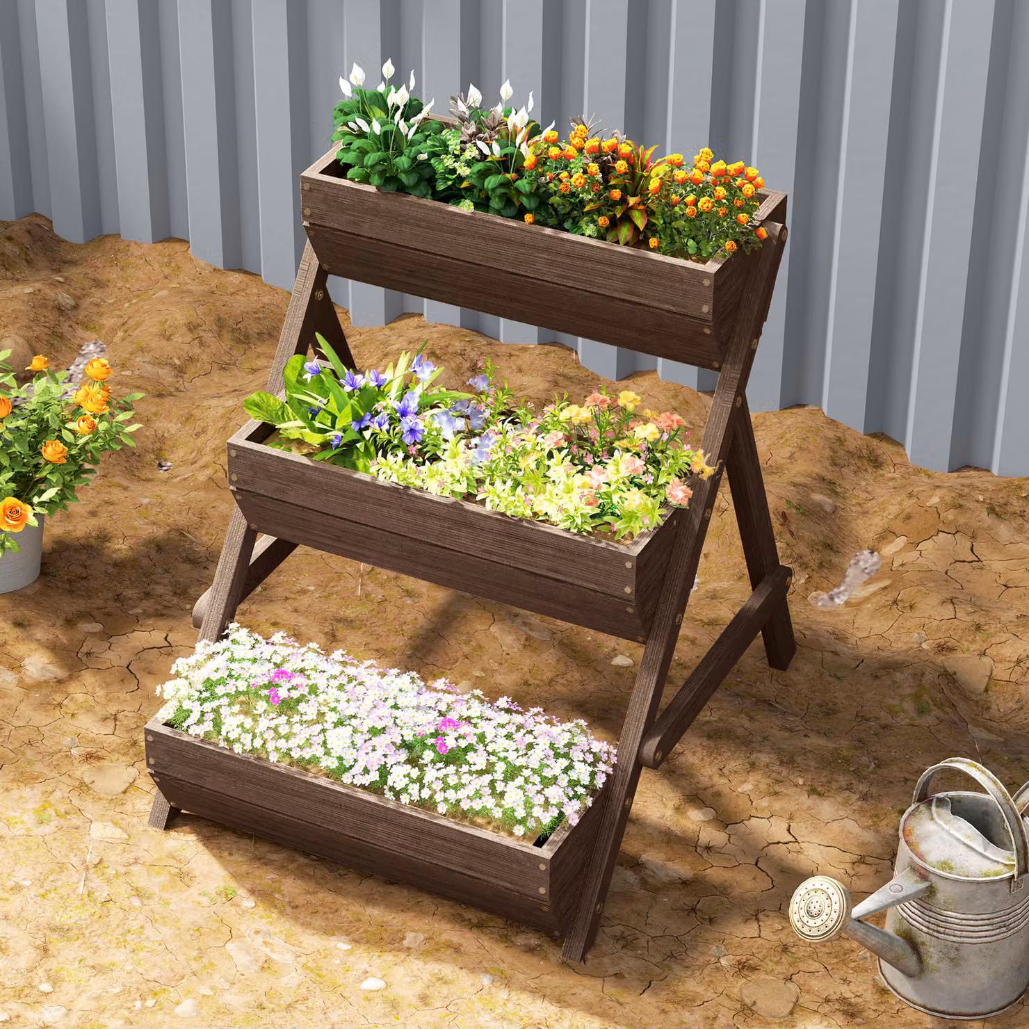 Outsunny 3 Tier Wooden Raised Garden Bed Elevated Planter Box in Sand, W/D/H: 65 x 75 x 78 cm – 6