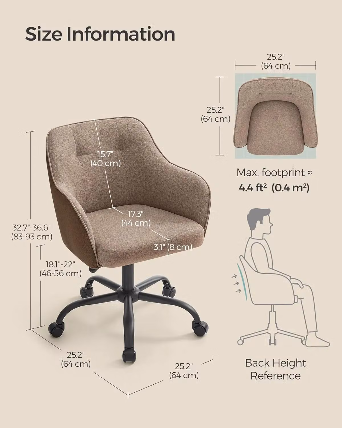 SONGMICS Swivel Home Office Task Chair with Armrests and Adjustable Height in Brown – 3