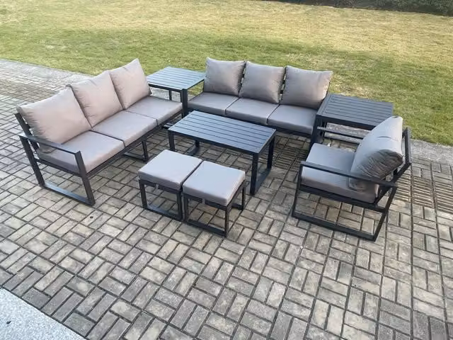 Fimous 9 Seater Aluminium Garden Furniture Set in Dark Grey with U-Shape Sofa, Coffee Table, Armchairs, Footstools and Side Tables
