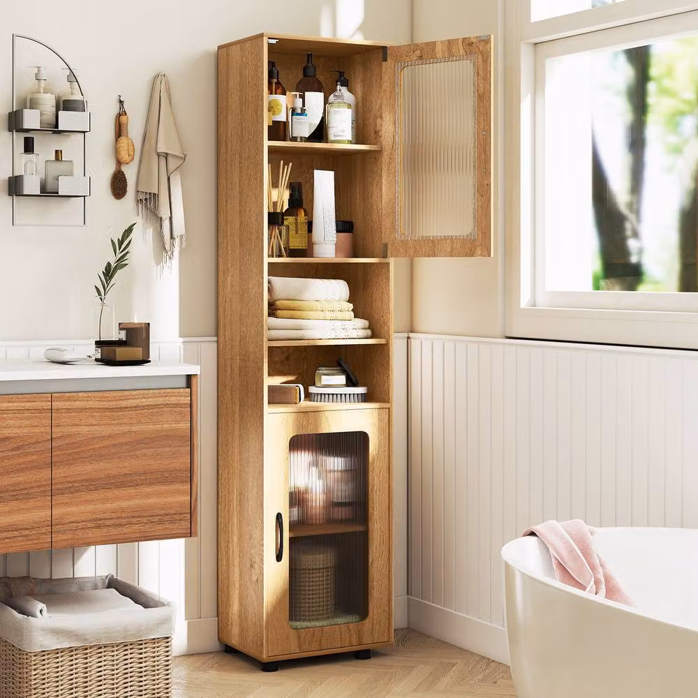 Gymax Modern Freestanding Tall Bathroom Storage Cabinet with Glass Doors and Internal Shelves in Brown Wood Finish – 3