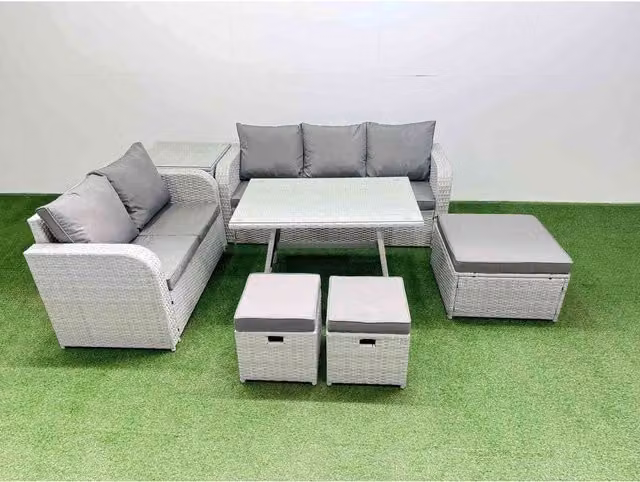 Fimous 8-Seat Modern PE Rattan Garden Furniture Set in Light Grey with Glass Tabletop