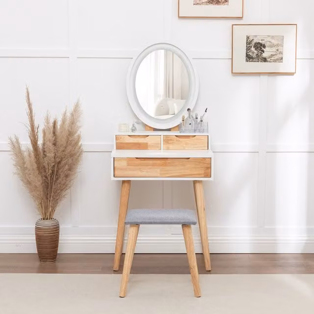WestWood Natural Makeup Vanity Dressing Table and Stool Set DT23 in White and Grey
