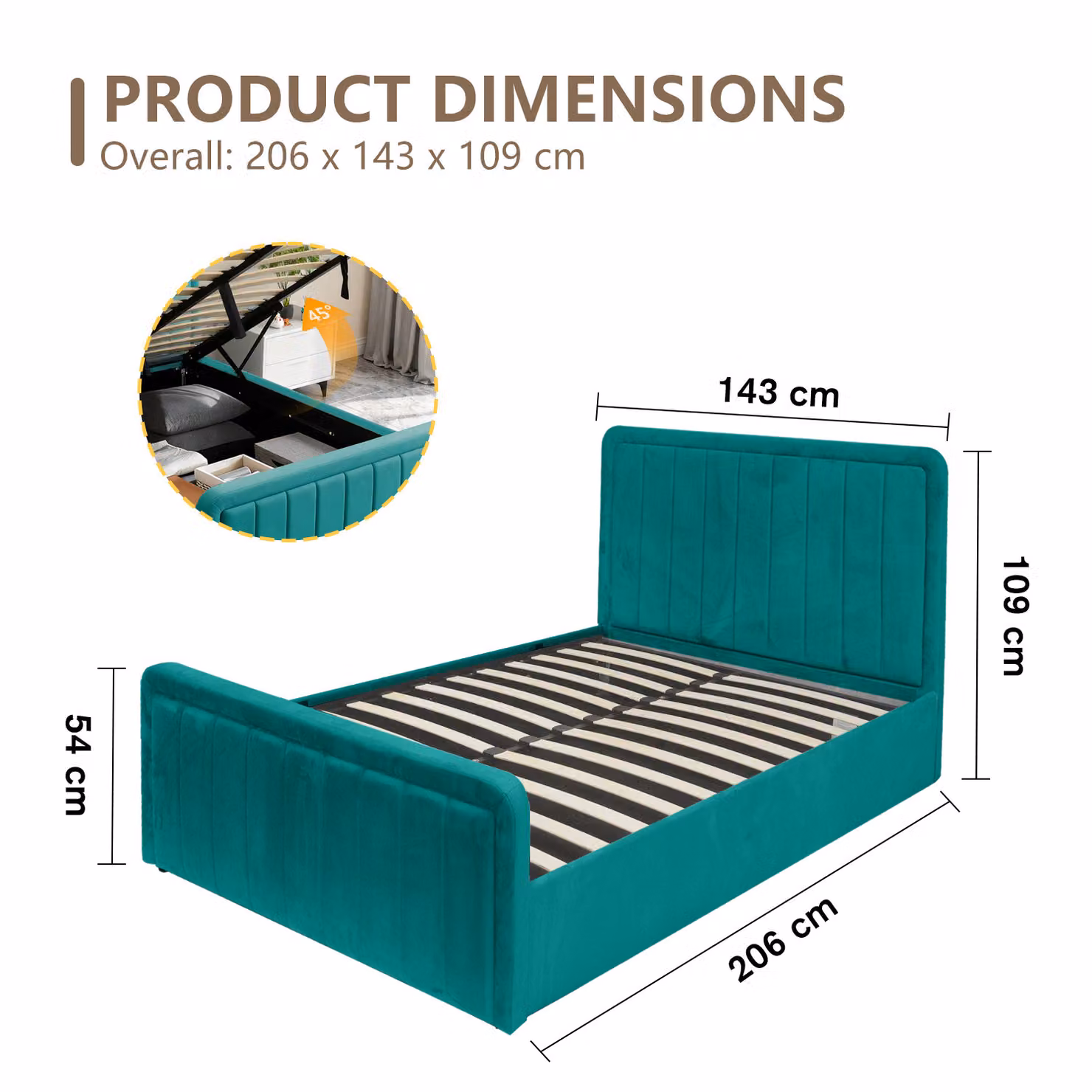 Comfy Living Green Brushed Velvet Ottoman Bed Frame with Lift Up Base, W/D/H: 140 x 200 cm – 2