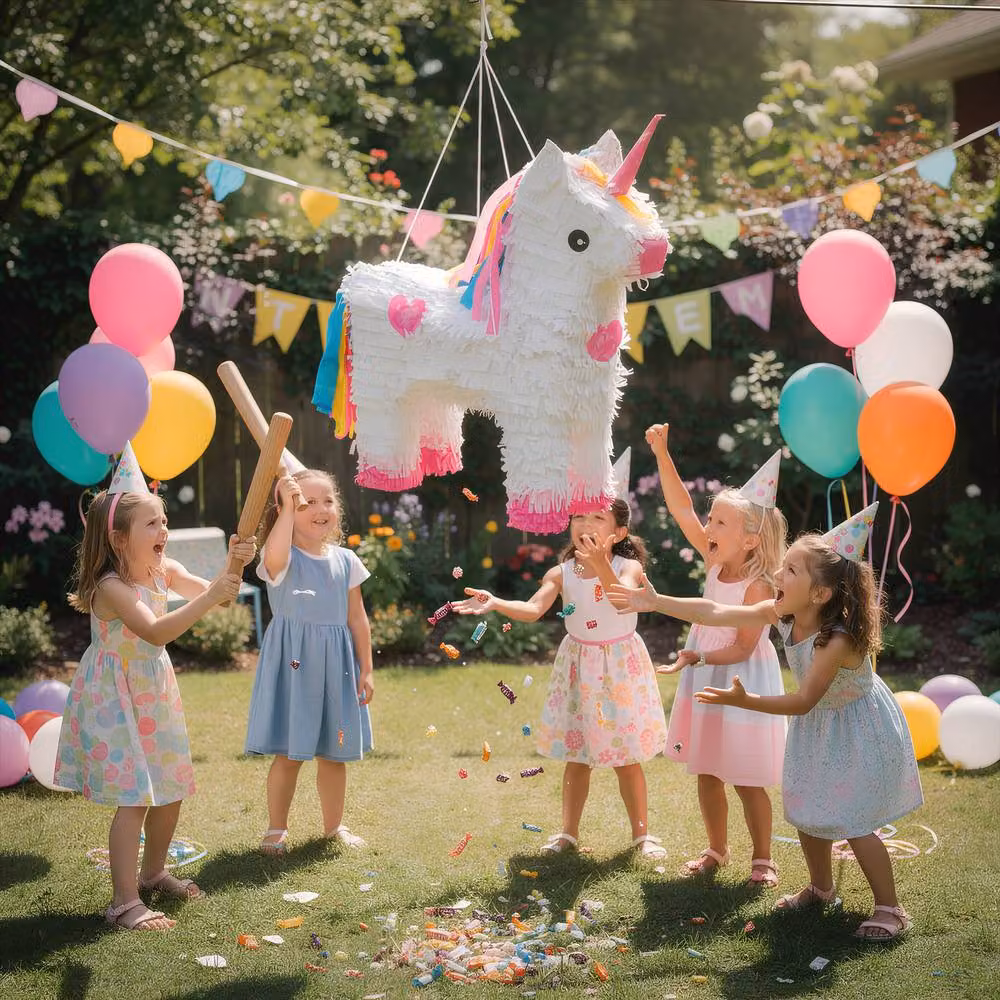Fax Potato Unicorn Pinata Set with Blue Buster Stick and Blindfold, W43 x D13 x H55 cm – 5