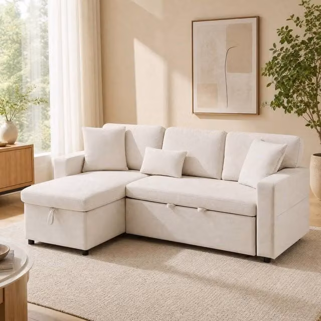 STILVORA 3 Seater Reversible Sofa Bed with USB Charging and Storage in Beige Fabric – 1