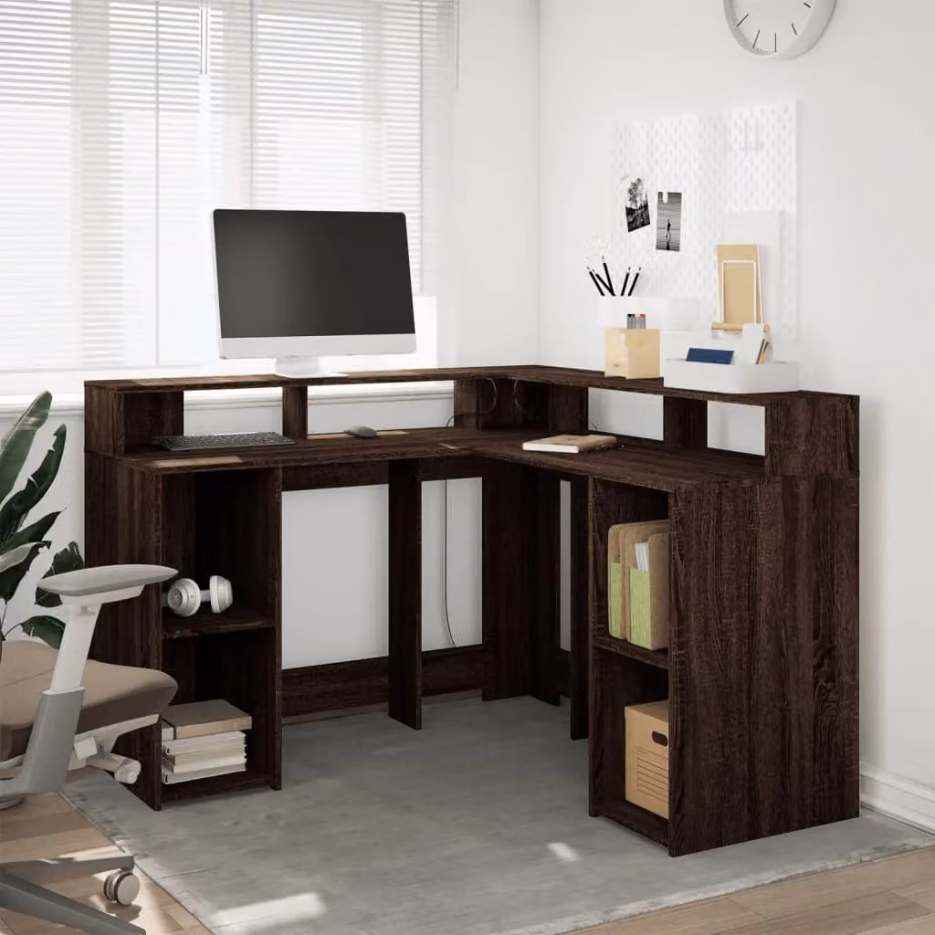 Berkfield Modern Brown Oak Corner Home Office Desk with Dual Pedestal, W/D/H: 130 x 130 x 91 cm – 4