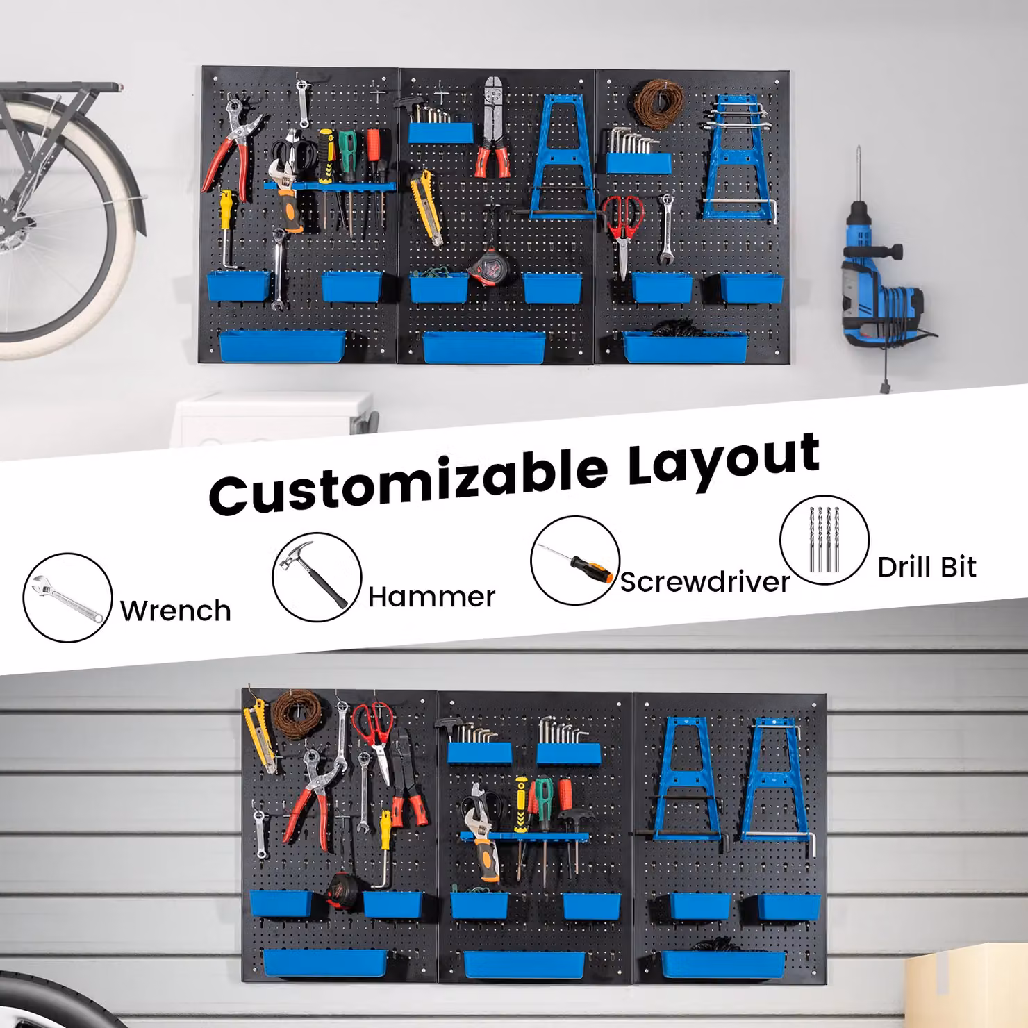 Costway Pegboard Wall Organizer with 9 Bins and Hammer Racks, Blue, W: 120 cm, H: 60 cm, D: 26 cm – 5