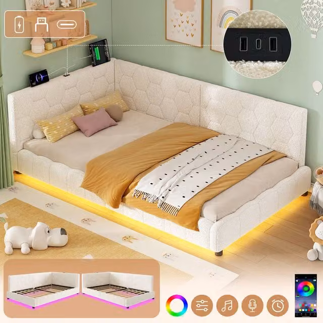BTM Single Hexagon Boucle Bed Headboard in Beige with RGB LED Lighting and USB Charging Port – 1
