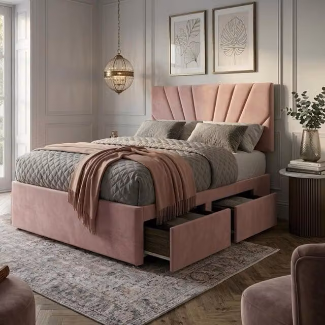 Bed Time UK Plush Divan Bed with 20 inch Sunrise Headboard, 2 Drawers and Mattress in Pink, Single, W/D/H: 90 x 200 cm