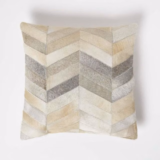 Homescapes Square Graphic Leather Cushion in Cream and Grey, 45 x 45 cm